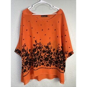 Womens XL Sheer Floral Overlay Blouse Orange Black Chiffon Fairy Grunge Boho Y2K